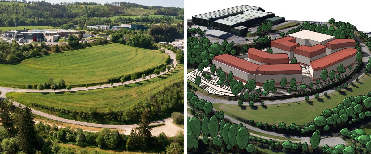 À gauche : vue sur la zone d'activité prise par le sud (© Commune de Wiltz)– à droite : Axonométries avec vue vers le Sud présentant les gabarits maximums suivant le PAP avec un exemple de configuration du bâti avec des étages pour bureaux/services représentés en rouge, en association avec des halls (à titre indicatif). (© CO3)