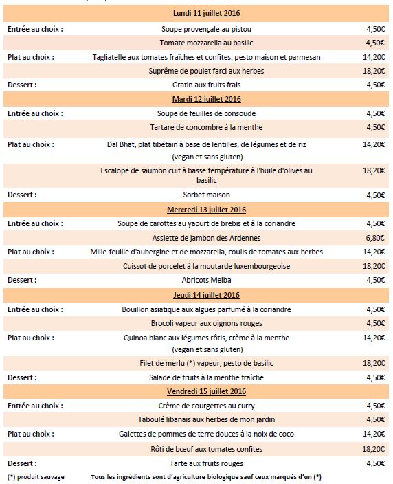 Casa Fabiana : menu BIO de la semaine du 11 au 15 juillet