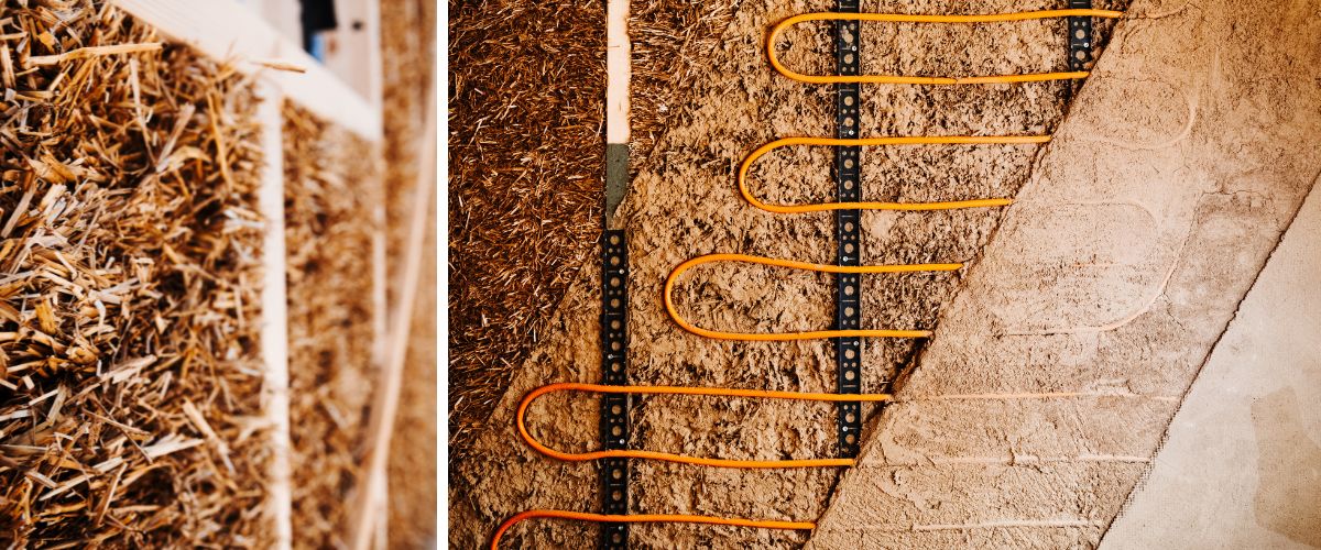 La maison témoin montre clairement les différentes étapes : ossature en bois, paille entre les poutres, première couche d'argile, peut-être une forme de chauffage, et enfin la couche de finition en argile avec des pigments naturels. 