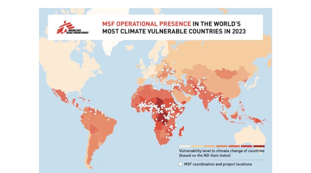 Présence MSF 2023 - Indice pays ND-GAIN qui résume la. vulnérabilité d'un pays au changement climatique et à d'autres défis mondiaux, ainsi que sa capacité à améliorer sa résilience.
