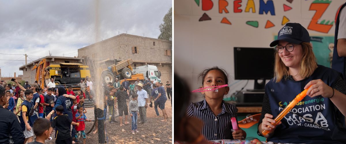 Actions RSE Bauer Énergie. À gauche : création d'un puits au Maroc / À droite : rénovation d'une bibliothèque de village