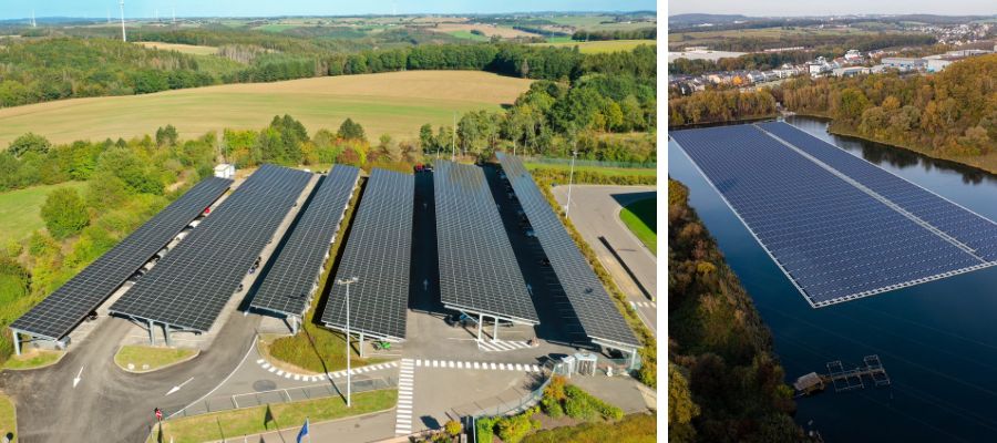 À gauche : le carport solaire chez Tarkett à Clervaux - à droite : la centrale flottante solaire sur le site d'ArcelorMittal, à Differdange