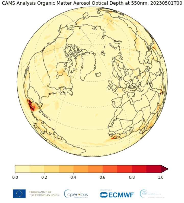 Analyse CAMS de la profondeur optique des aérosols de matière organique à 550 nm pour la période du 1<sup class="typo_exposants">er</sup> au 31 mai 2023