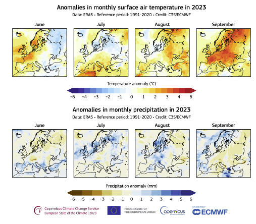 (En haut) Anomalies de la température moyenne de l'air en surface (°C) et (en bas) anomalies des précipitations (mm) sur l'Europe de juin à septembre 2023, par rapport à la moyenne mensuelle pour la période de référence 1991-2020. Source des données : ERA5. Crédit : C3S/ECMWF
