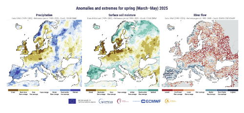Anomalies et extrêmes dans les précipitations totales (à gauche), la teneur en eau volumétrique des 7 cm supérieurs du sol (au centre) et le débit des cours d'eau (à droite) pour le printemps (mars à mai) 2025. Les catégories de couleur se réfèrent aux percentiles des distributions respectives de mars à mai pour les périodes de référence 1991-2020 (précipitations et humidité du sol) et 1992-2020 (débit des rivières). Les catégories extrêmes (« Driest »/« Lowest » et « Wettest »/« Highest ») sont basées sur les classements pour la période 1979-2025 (précipitations et humidité du sol) et 1992-2025 (débit des rivières). Source des données : ERA5 (précipitations), ERA5-Land (humidité du sol), EFAS (débit des rivières). Crédit : Copernicus Climate Change Service/ECMWF/CEMS.