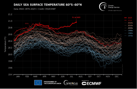 Moyenne mondiale de la température de l'air en surface pour tous les mois de juillet de 1940 à 2023. Les tons bleus indiquent les années plus froides que la moyenne, tandis que les tons rouges indiquent les années plus chaudes que la moyenne. Données : ERA5. Crédit : C3S/ECMWF.