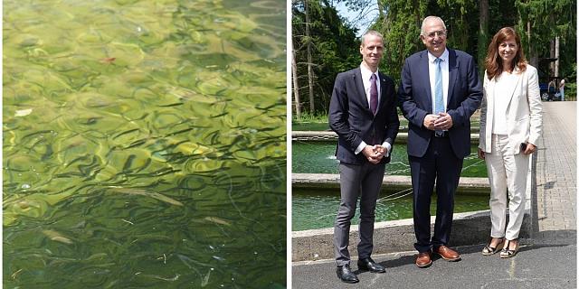 (de g. à dr.) Serge Wilmes (ministre de l'Environnement, du Climat et de la Biodiversité), Costas Kadis (commissaire européen en charge de la pêche et des océans) et Anne Calteux (représentante de la Commission européenne au Luxembourg)