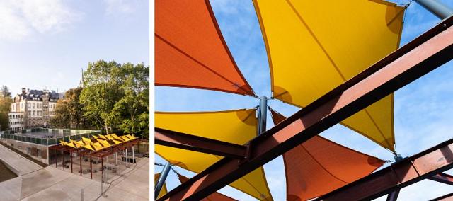 La pergola, récupérée de l'aile 3000, a été posée sur le sol pour créer une zone ombragée dans la cour