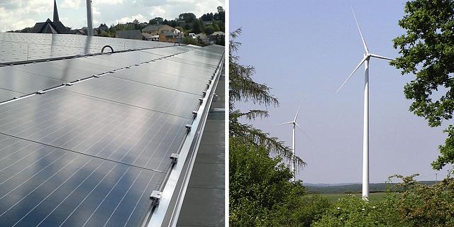 Deux exemples de projets : l'installation photovoltaïque du terrain de football de Differdange et les deux éoliennes à Reimberg