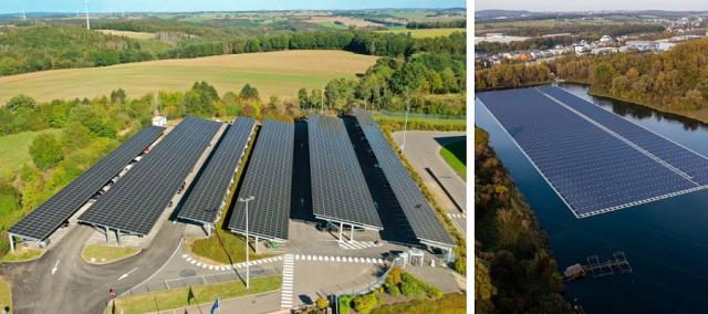 À gauche : le carport solaire chez Tarkett à Clervaux - à droite : la centrale flottante solaire sur le site d'ArcelorMittal, à Differdange