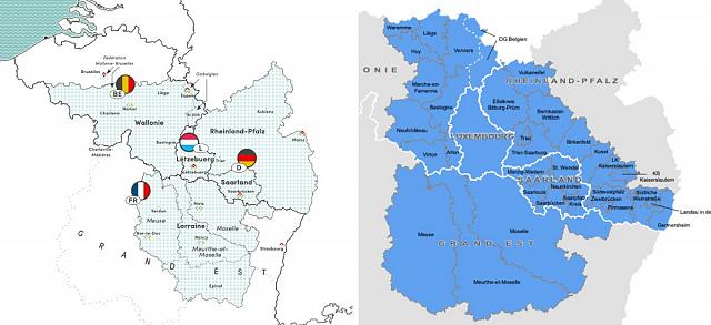 À gauche, la carte du Sommet de la Grande Région (©Sommet GR). À droite, le territoire concerné par la programmation Interreg Grande Région en cours (©GeoBasis-DE/BKG, IGN France, NGI-Belgium, ACT Luxembourg)