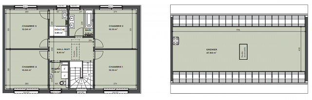 Plan maison mitoyenne Ell - Étage 1 et combles