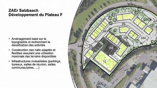 Cliquez pour agrandir / Albert Waaijenberg : « Vous voyez ici le croquis du plateau F, avec un aménagement qui est basé sur la topographie avec un dénivelé de 33 m et la densification des activités avec une hauteur possible des bâtiments jusqu'à +- 15 m. »