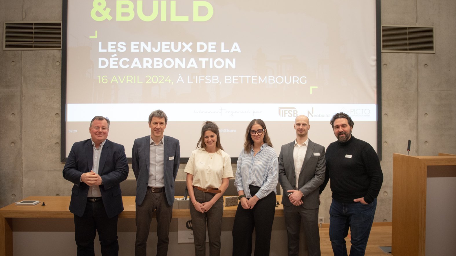 Les orateurs de Meet&Build#10 : Bruno Renders (CDEC et CNCD), Paul Schosseler (ministère de l'Economie et CNCD), Sabine Di Vito (SECO Experts), Tessa Marseille (SECO Expert), Guillaume Karmann (IFSB) et Frédéric Liégeois (Picto)